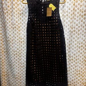 Maeve Midnight Navy Laser-Cut Midi Sheath Dress with Peach Slip